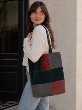Corduroy Patchwork Tote Bag - Green, Burgundy and Gray Shopping Market NWT